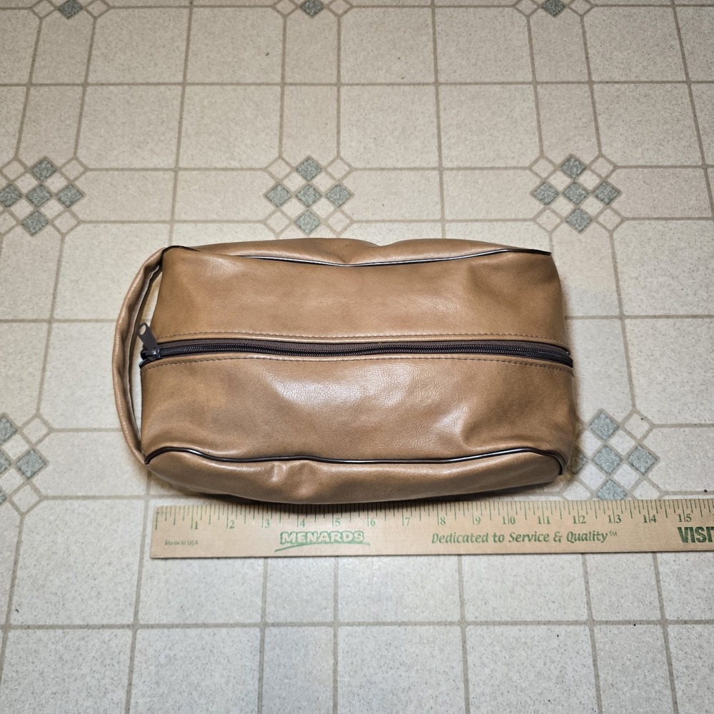 Vtg Faux Leather Brown Travel Toiletry Cosmetic Bag Mens Made In The USA